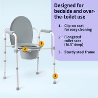 New in box! Medline 3-in-1 Steel Elongated Bedside Commode. Folding Frame, Clip on Seat for Easy Cleaning, 350lb weight capacity White