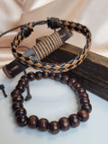New 3 Piece Leather Beaded Braided ,Men Bracelet Set, Gift for Him, Brown