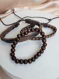 New 3 Piece Leather Beaded Braided ,Men Bracelet Set, Gift for Him, Brown