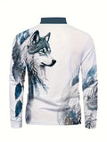 New Men's Wolf Print Lapel Shirt Fashion Casual Long Sleeve Golf Shirt Sz M Mixed Blue