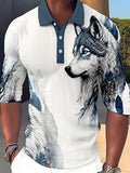 New Men's Wolf Print Lapel Shirt Fashion Casual Long Sleeve Golf Shirt Sz M Mixed Blue