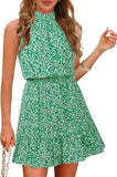 New MEROKEETY Womens Summer Sleeveless Halter Neck Floral Print Ruffle A Line Boho Mini Dress Green, Sz M