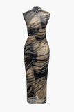 NEW WITH TAGS! Micas Abstract Print Mock Neck Mesh Ruched Sleeveless Maxi Dress SZ S! Retails $60+