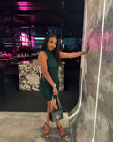 NEW Retails $80 MICAS Emerald Green Check effect mock neck lace up cutout club mini dress Sz L