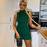 NEW Retails $80 MICAS Emerald Green Check effect mock neck lace up cutout club mini dress Sz L