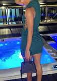 NEW Retails $80 MICAS Emerald Green Check effect mock neck lace up cutout club mini dress Sz L