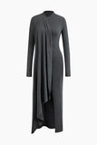 New with tags! Micas Mock Neck Wrap Ruched Long Sleeve Slit Maxi Dress Grey Sz S Retails $48US+