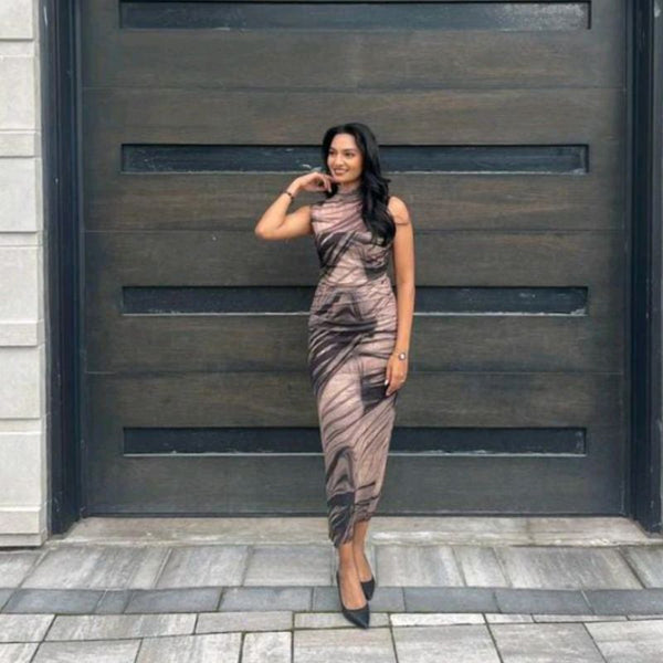 NEW WITH TAGS! Micas Abstract Print Mock Neck Mesh Ruched Sleeveless Maxi Dress SZ S! Retails $60+