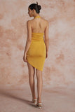 New Micas Twist Halter Cut Out Backless V-neck Midi Dress with high stretch fabric in Mustard Sz M