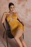 New Micas Twist Halter Cut Out Backless V-neck Midi Dress with high stretch fabric in Mustard Sz M