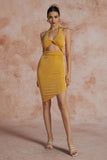 New Micas Twist Halter Cut Out Backless V-neck Midi Dress with high stretch fabric in Mustard Sz M