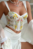NEW MICAS Women Floral Corset Camisole White Mesh Crop Top Bustier Sexy Sleeveless Fashion Lingerie Slim Vest, Wheat (Light Beige), Sz S