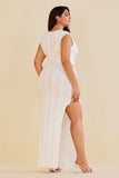 New Retails $70+ Micas Plus Size Distressed V-neck Cap Sleeve Crop Top And Slit Maxi Skirt Set in White, Sz 1X