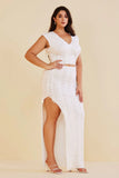 New Retails $70+ Micas Plus Size Distressed V-neck Cap Sleeve Crop Top And Slit Maxi Skirt Set in White, Sz 1X
