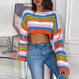 NEW WITH TAGS! Colorful Print Short Sweater for Women Long Sleeve Autumn Crop Tops by Micas, Sz L, Retails $70+