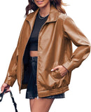 New Miladusa Womens Oversized Leather Jackets Faux Casual Zip Up Trendy Bomber Motorcycle Jacket with Pockets Brown, Sz M! Retails $87+
