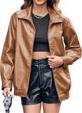 New Miladusa Womens Oversized Leather Jackets Faux Casual Zip Up Trendy Bomber Motorcycle Jacket with Pockets Brown, Sz M! Retails $87+