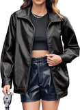 New Miladusa Womens Oversized Leather Jackets Faux Casual Zip Up Trendy Bomber Motorcycle Jacket with Pockets Black, Sz M! Retails $87+
