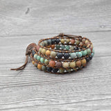 NEW Mixed Jasper Stone Beads Bohemian Style Leather Chakra Bracelet 6MM, Retails $42