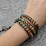 NEW Mixed Jasper Stone Beads Bohemian Style Leather Chakra Bracelet 6MM, Retails $42