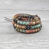 NEW Mixed Jasper Stone Beads Bohemian Style Leather Chakra Bracelet 6MM, Retails $42