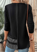 New Black Patchwork Striped Long Sleeve Round Neck Long Sleeve, Sz L! Retails $51+