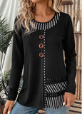 New Black Patchwork Striped Long Sleeve Round Neck Long Sleeve, Sz L! Retails $51+