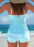 New Retails $62+ MODLILY® Contrast Binding Paisley Print Cyan Tankini Set Sz M