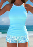 New Retails $62+ MODLILY® Contrast Binding Paisley Print Cyan Tankini Set Sz M