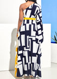 New MODLILY DESIGN Geometric Print One Shoulder Navy Blue Maxi Dress Sz M! Retails $94+
