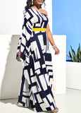 New MODLILY DESIGN Geometric Print One Shoulder Navy Blue Maxi Dress Sz M! Retails $94+