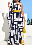 New MODLILY DESIGN Geometric Print One Shoulder Navy Blue Maxi Dress Sz M! Retails $94+