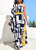 New MODLILY DESIGN Geometric Print One Shoulder Navy Blue Maxi Dress Sz M! Retails $94+