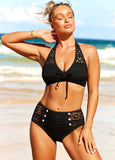New Retails $54+ MODLILY DESIGN Black Lace Patchwork Decorative Button Bikini Set Black, Sz XXL