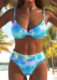 New MODLILY® Smocked Tropical Plants Print Sky Blue Bikini Set Sz M! Retails $54+