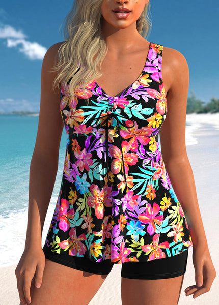 New TOP ONLY! MODLILY® Drawstring Floral Print Multi Color Tankini Top Sz L