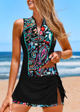 New Retails $64+ MODLILY® Zipper Mid Waisted Paisley Print Black Tankini Set Sz XL