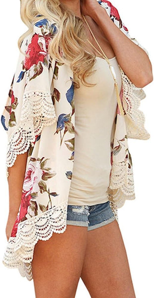 NEW Women Beachwear Cover Up Teen Girls Chiffon Kimono Cardigan Casual Floral Print Lace Bikini Swimsuit Blouse Tops Sz XL