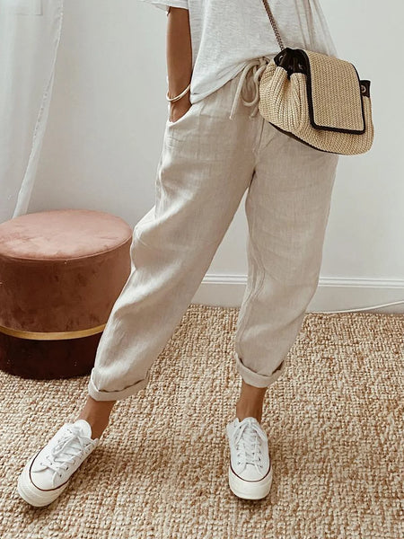 New with tags! Noracora Casual Baggy Cotton Linen Cropped Plain Pant in Khaki Sz S Retails $45+ on sale