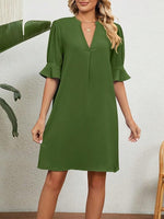 New Notched Neck Flare Sleeve Tunic Dress - Casual Half Sleeve Knee Length Loose Fit Green Dress Sz XXL