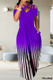 New Olivia Mark – Casual Print Hollowed Out V Neck Long Dress in Purple, Sz L!