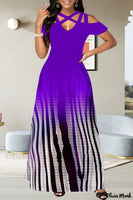 New Olivia Mark – Casual Print Hollowed Out V Neck Long Dress in Purple, Sz L!