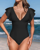 New Women's One Piece Swimsuit Ruffled Lace Up Monokini V Neck Ruched Bathing Suits Push Up Tummy Control Black, Sz XL