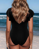 New Women's One Piece Swimsuit Ruffled Lace Up Monokini V Neck Ruched Bathing Suits Push Up Tummy Control Black, Sz XL