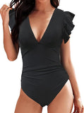 New Women's One Piece Swimsuit Ruffled Lace Up Monokini V Neck Ruched Bathing Suits Push Up Tummy Control Black, Sz XL