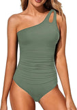 New One Piece One Shoulder Push up Tummy Control Bathing Suit in Sage Green Fits S/M