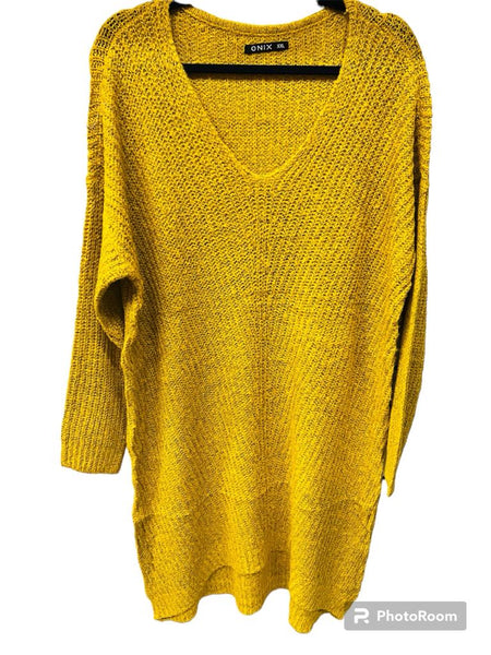 New Women's Lightweight V Neck Knit Sweater Dress by Onix, Sz XXL Mustard