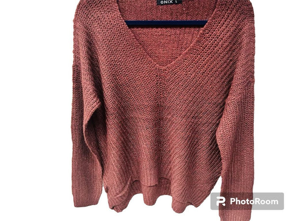 New Women's Lightweight V Neck Knit Sweater by Onix, Sz L Burgundy