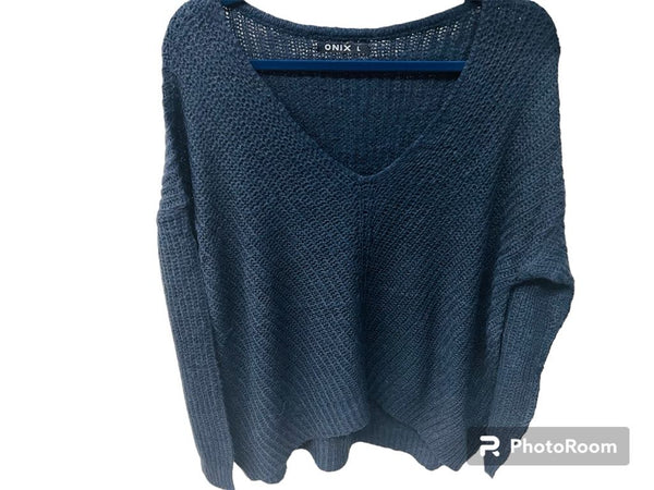 New Women's Lightweight V Neck Knit Sweater by Onix, Sz L Navy