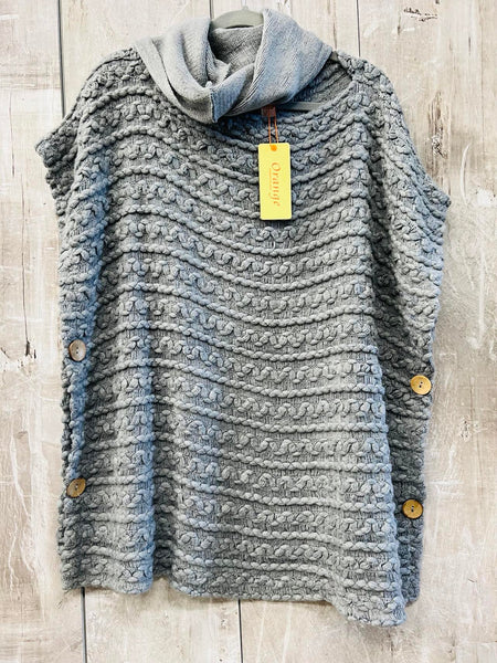 New Women's Orange Fashion Village Pullover Poncho with removable infinity scarf, grey, Plus Size Fits up to 3x!
